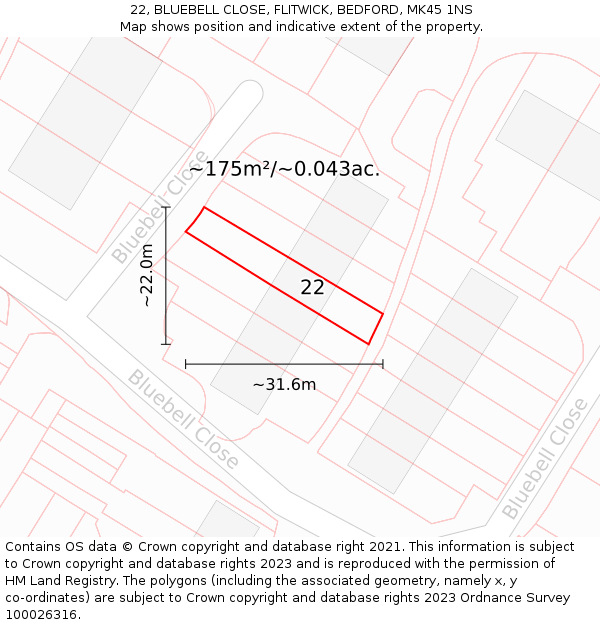 22, BLUEBELL CLOSE, FLITWICK, BEDFORD, MK45 1NS: Plot and title map