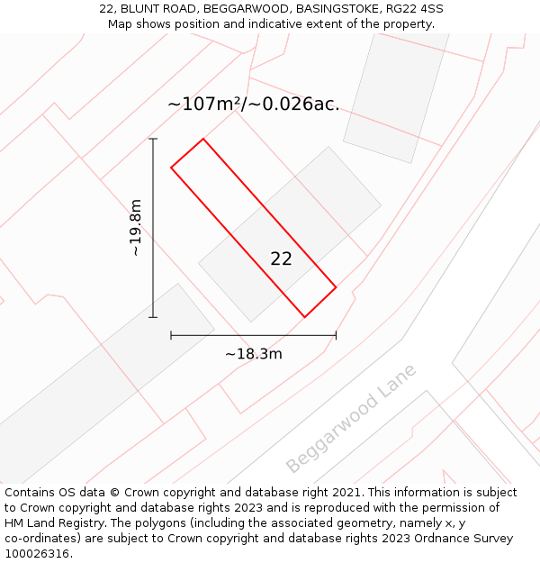 22, BLUNT ROAD, BEGGARWOOD, BASINGSTOKE, RG22 4SS: Plot and title map