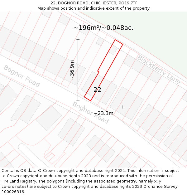 22, BOGNOR ROAD, CHICHESTER, PO19 7TF: Plot and title map
