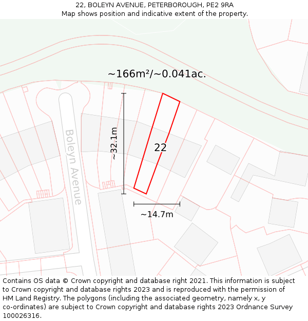 22, BOLEYN AVENUE, PETERBOROUGH, PE2 9RA: Plot and title map