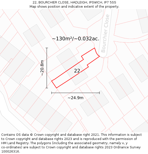 22, BOURCHIER CLOSE, HADLEIGH, IPSWICH, IP7 5SS: Plot and title map