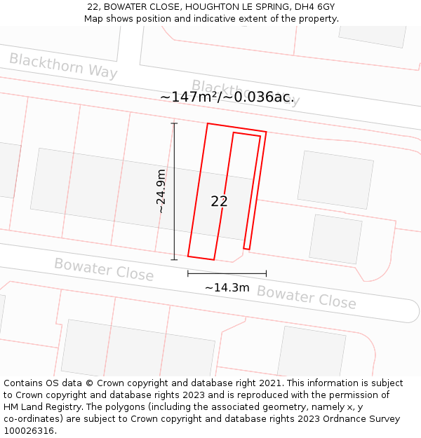 22, BOWATER CLOSE, HOUGHTON LE SPRING, DH4 6GY: Plot and title map