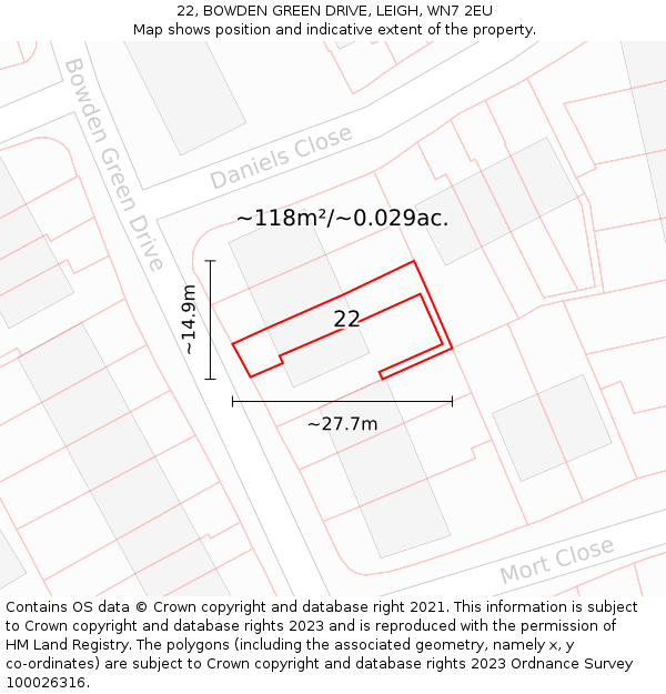 22, BOWDEN GREEN DRIVE, LEIGH, WN7 2EU: Plot and title map