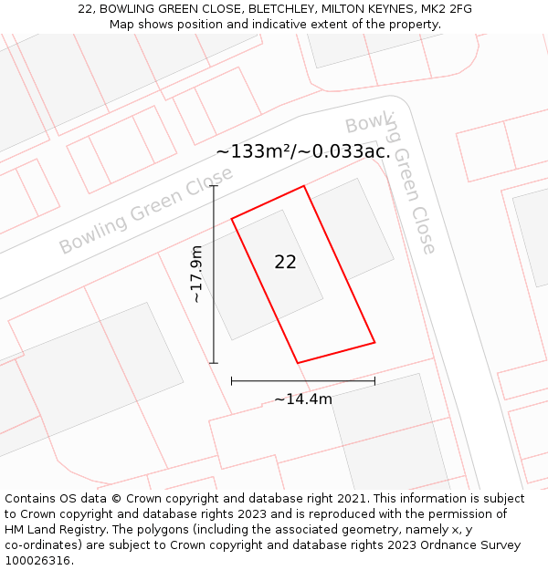 22, BOWLING GREEN CLOSE, BLETCHLEY, MILTON KEYNES, MK2 2FG: Plot and title map