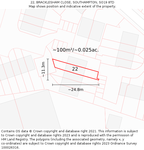 22, BRACKLESHAM CLOSE, SOUTHAMPTON, SO19 8TD: Plot and title map