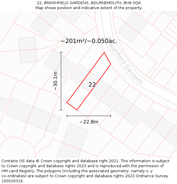 22, BRAISHFIELD GARDENS, BOURNEMOUTH, BH8 0QA: Plot and title map