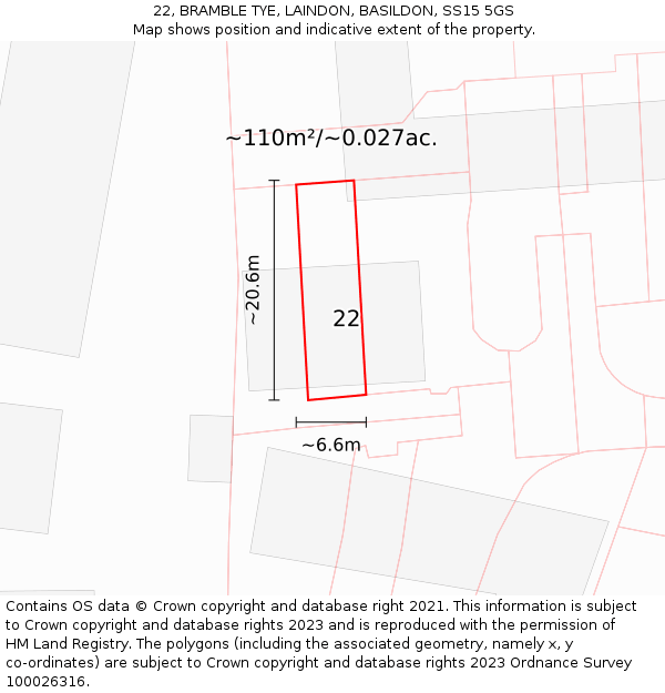 22, BRAMBLE TYE, LAINDON, BASILDON, SS15 5GS: Plot and title map
