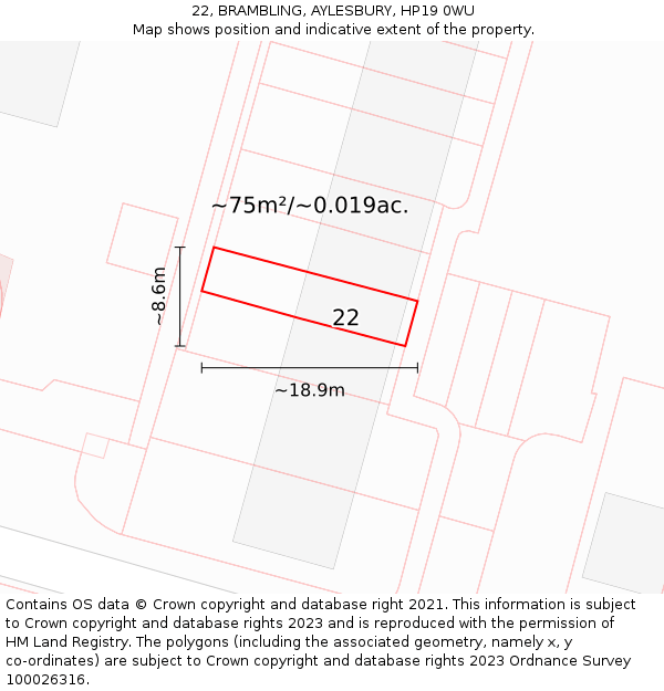 22, BRAMBLING, AYLESBURY, HP19 0WU: Plot and title map