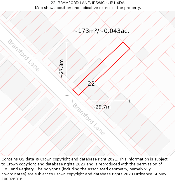 22, BRAMFORD LANE, IPSWICH, IP1 4DA: Plot and title map