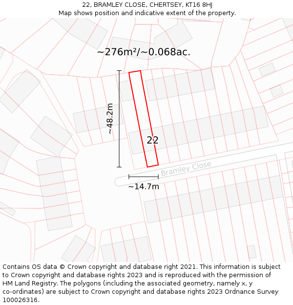 22, BRAMLEY CLOSE, CHERTSEY, KT16 8HJ: Plot and title map