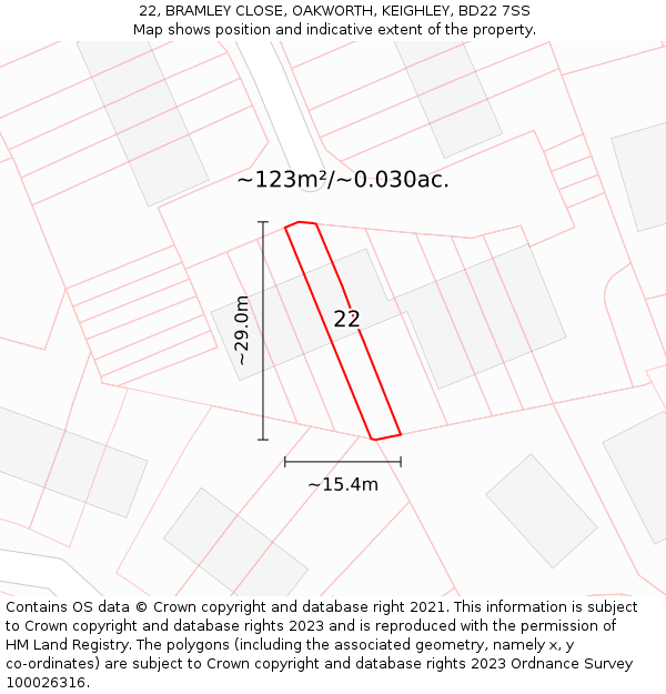 22, BRAMLEY CLOSE, OAKWORTH, KEIGHLEY, BD22 7SS: Plot and title map