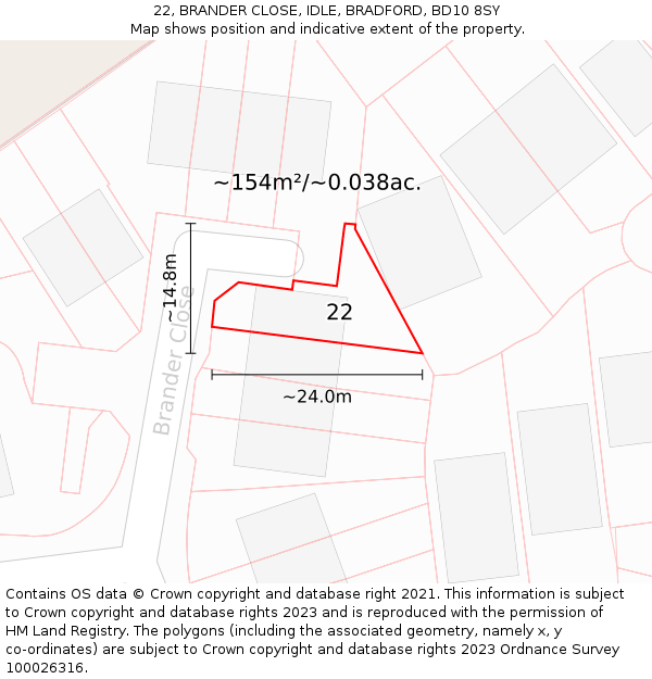 22, BRANDER CLOSE, IDLE, BRADFORD, BD10 8SY: Plot and title map
