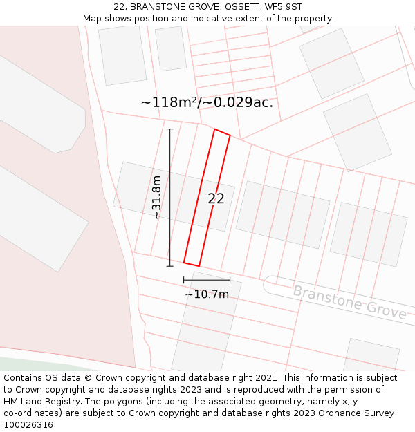 22, BRANSTONE GROVE, OSSETT, WF5 9ST: Plot and title map