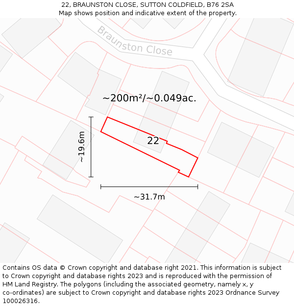 22, BRAUNSTON CLOSE, SUTTON COLDFIELD, B76 2SA: Plot and title map