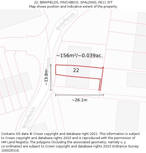 22, BRAYFIELDS, PINCHBECK, SPALDING, PE11 3YT: Plot and title map