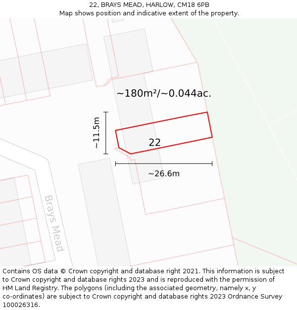 22, BRAYS MEAD, HARLOW, CM18 6PB: Plot and title map