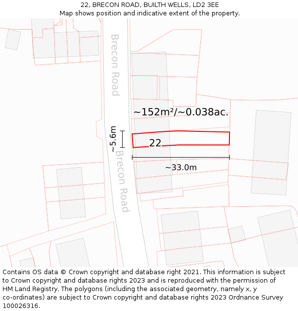 22, BRECON ROAD, BUILTH WELLS, LD2 3EE: Plot and title map