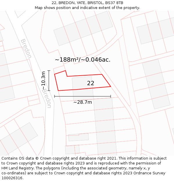 22, BREDON, YATE, BRISTOL, BS37 8TB: Plot and title map