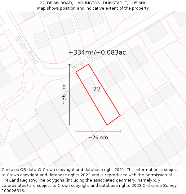 22, BRIAN ROAD, HARLINGTON, DUNSTABLE, LU5 6NH: Plot and title map