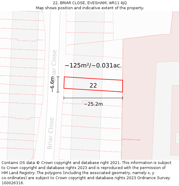 22, BRIAR CLOSE, EVESHAM, WR11 4JQ: Plot and title map