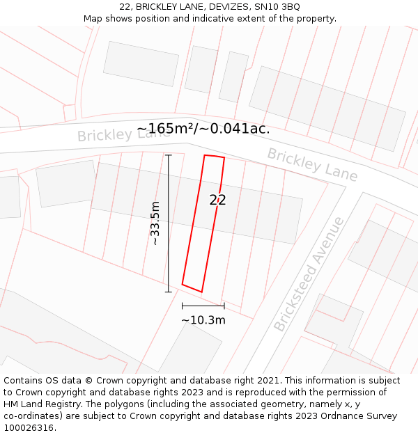 22, BRICKLEY LANE, DEVIZES, SN10 3BQ: Plot and title map