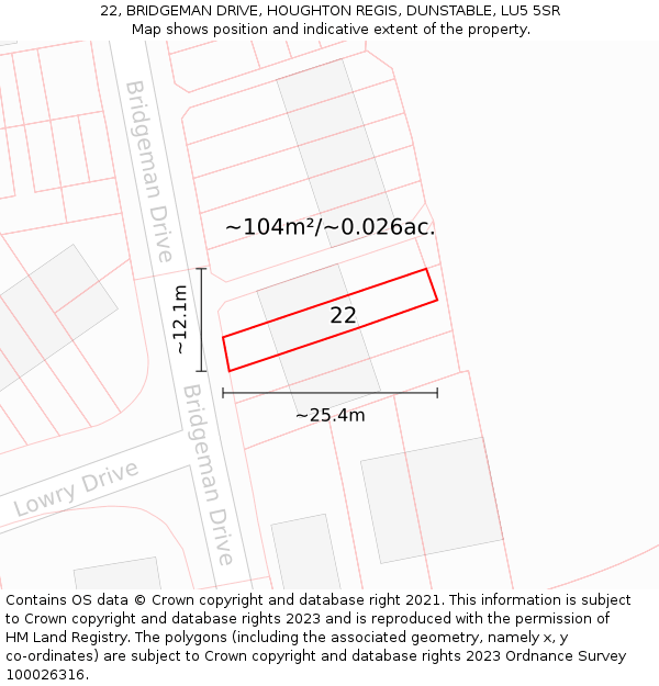 22, BRIDGEMAN DRIVE, HOUGHTON REGIS, DUNSTABLE, LU5 5SR: Plot and title map