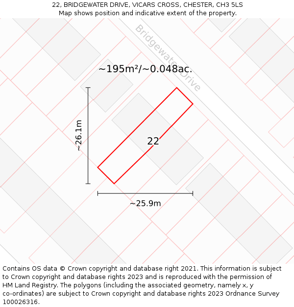 22, BRIDGEWATER DRIVE, VICARS CROSS, CHESTER, CH3 5LS: Plot and title map
