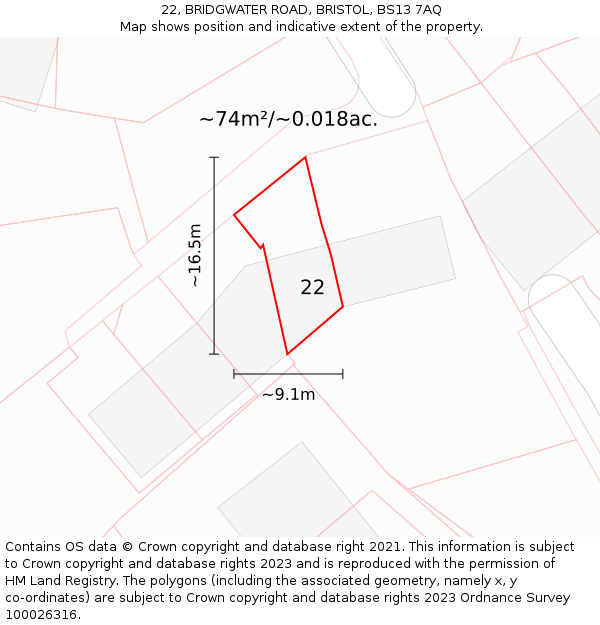 22, BRIDGWATER ROAD, BRISTOL, BS13 7AQ: Plot and title map