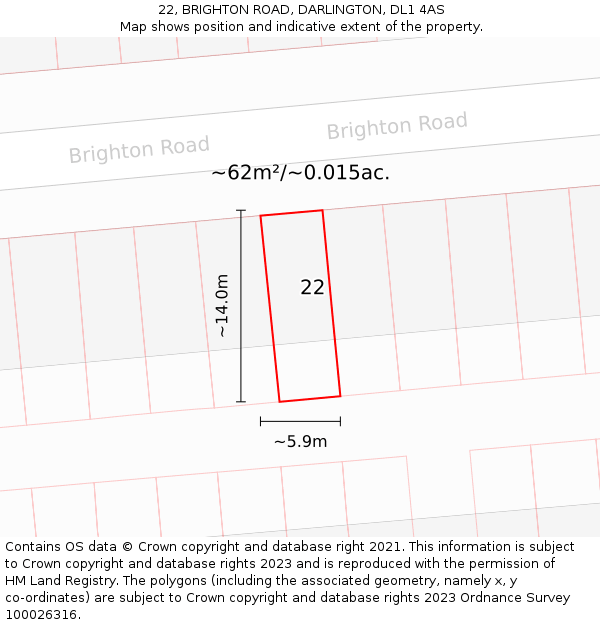 22, BRIGHTON ROAD, DARLINGTON, DL1 4AS: Plot and title map