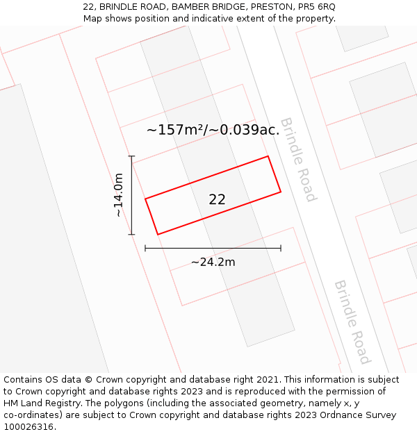 22, BRINDLE ROAD, BAMBER BRIDGE, PRESTON, PR5 6RQ: Plot and title map