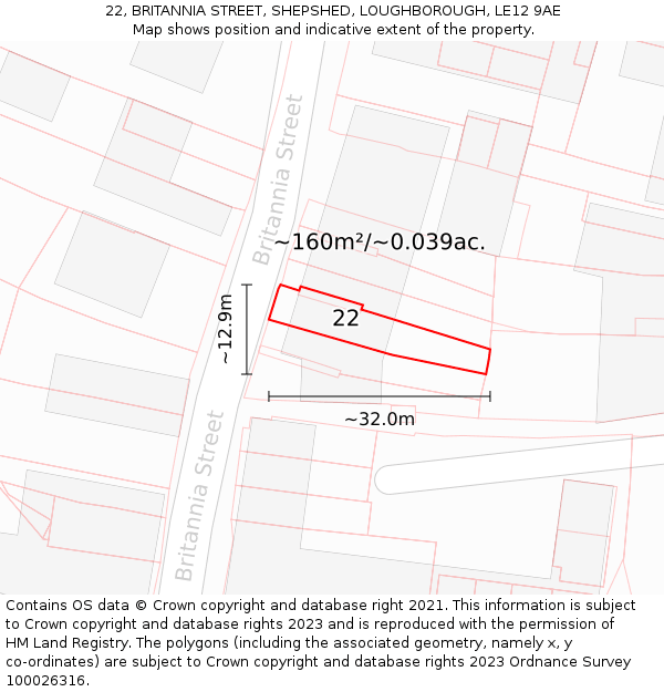 22, BRITANNIA STREET, SHEPSHED, LOUGHBOROUGH, LE12 9AE: Plot and title map
