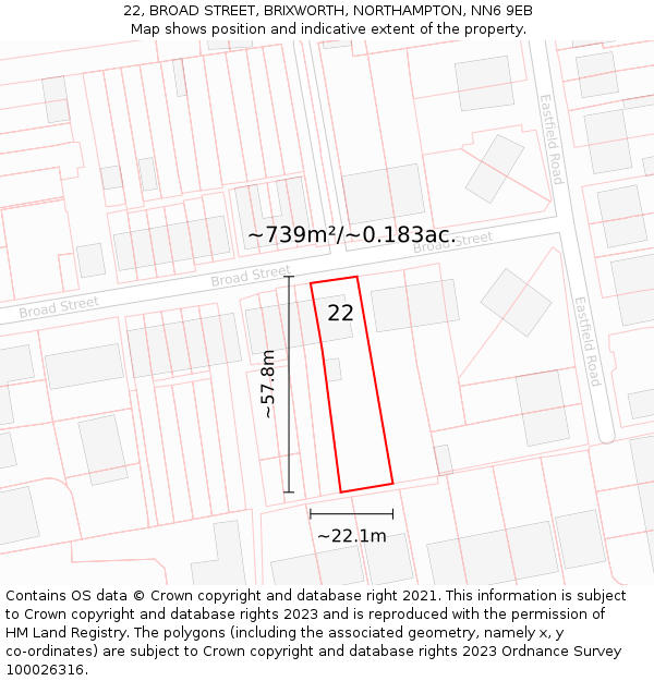 22, BROAD STREET, BRIXWORTH, NORTHAMPTON, NN6 9EB: Plot and title map