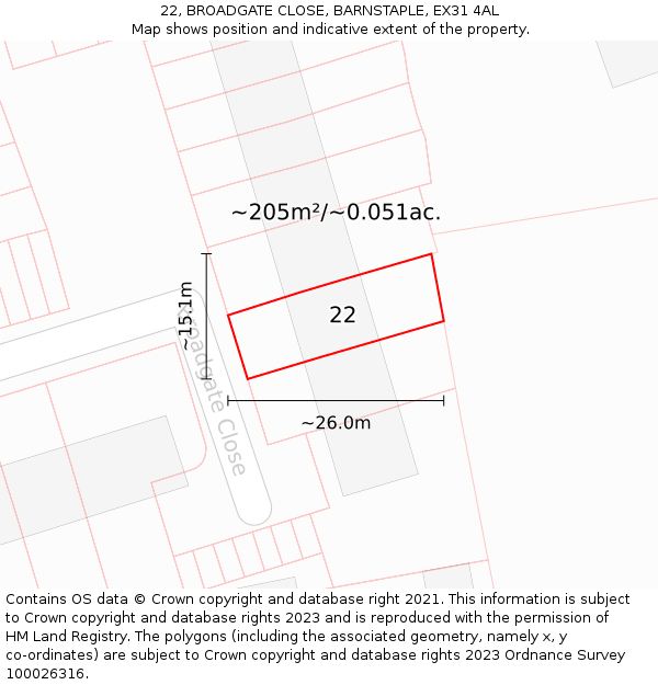 22, BROADGATE CLOSE, BARNSTAPLE, EX31 4AL: Plot and title map