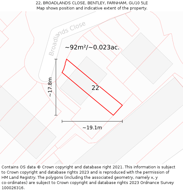 22, BROADLANDS CLOSE, BENTLEY, FARNHAM, GU10 5LE: Plot and title map