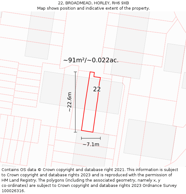 22, BROADMEAD, HORLEY, RH6 9XB: Plot and title map