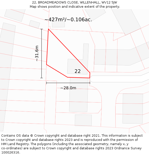 22, BROADMEADOWS CLOSE, WILLENHALL, WV12 5JW: Plot and title map