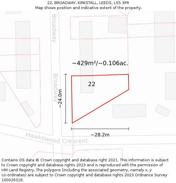 22, BROADWAY, KIRKSTALL, LEEDS, LS5 3PR: Plot and title map