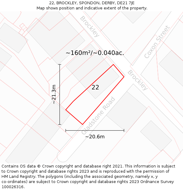 22, BROCKLEY, SPONDON, DERBY, DE21 7JE: Plot and title map