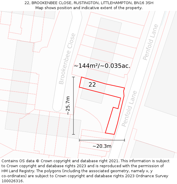 22, BROOKENBEE CLOSE, RUSTINGTON, LITTLEHAMPTON, BN16 3SH: Plot and title map