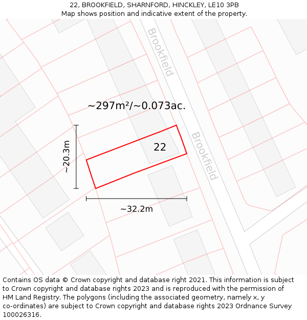 22, BROOKFIELD, SHARNFORD, HINCKLEY, LE10 3PB: Plot and title map