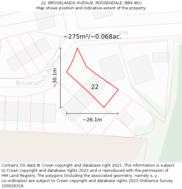 22, BROOKLANDS AVENUE, ROSSENDALE, BB4 4EU: Plot and title map