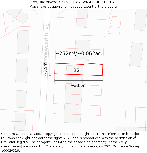 22, BROOKWOOD DRIVE, STOKE-ON-TRENT, ST3 6HY: Plot and title map