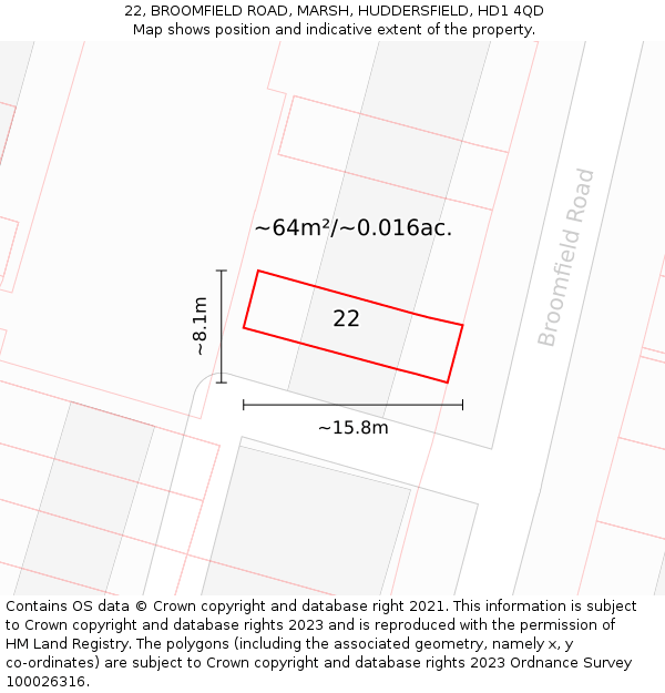 22, BROOMFIELD ROAD, MARSH, HUDDERSFIELD, HD1 4QD: Plot and title map