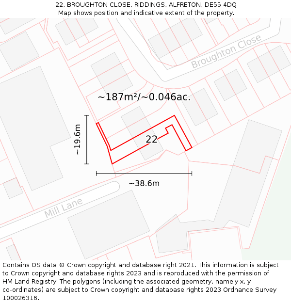 22, BROUGHTON CLOSE, RIDDINGS, ALFRETON, DE55 4DQ: Plot and title map