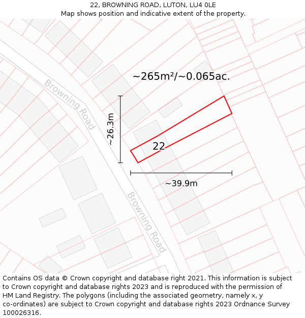 22, BROWNING ROAD, LUTON, LU4 0LE: Plot and title map