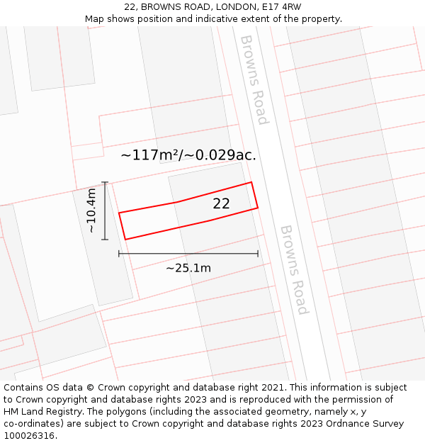 22, BROWNS ROAD, LONDON, E17 4RW: Plot and title map