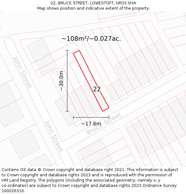 22, BRUCE STREET, LOWESTOFT, NR33 0HA: Plot and title map