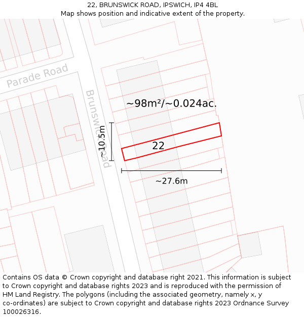 22, BRUNSWICK ROAD, IPSWICH, IP4 4BL: Plot and title map