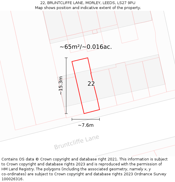 22, BRUNTCLIFFE LANE, MORLEY, LEEDS, LS27 9PU: Plot and title map
