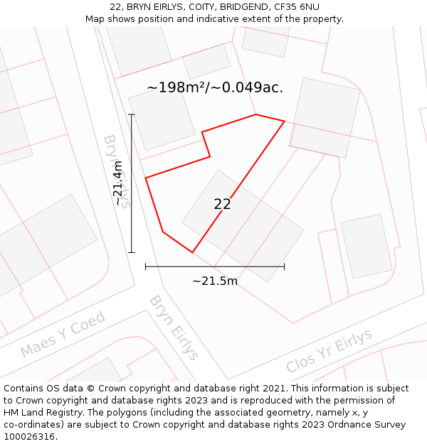 22, BRYN EIRLYS, COITY, BRIDGEND, CF35 6NU: Plot and title map
